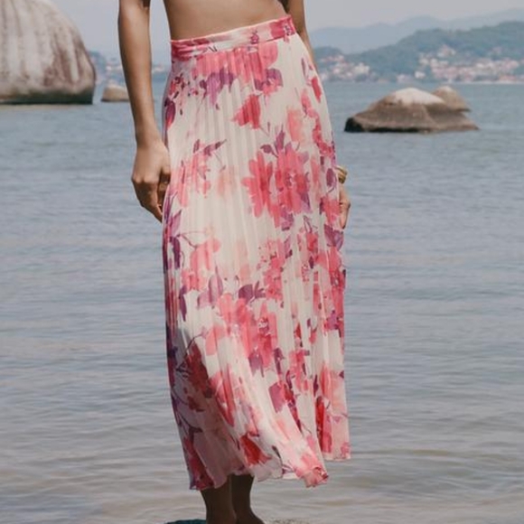 Zara Dresses & Skirts - Zara floral pleated midi skirt multicolored pink BNWT